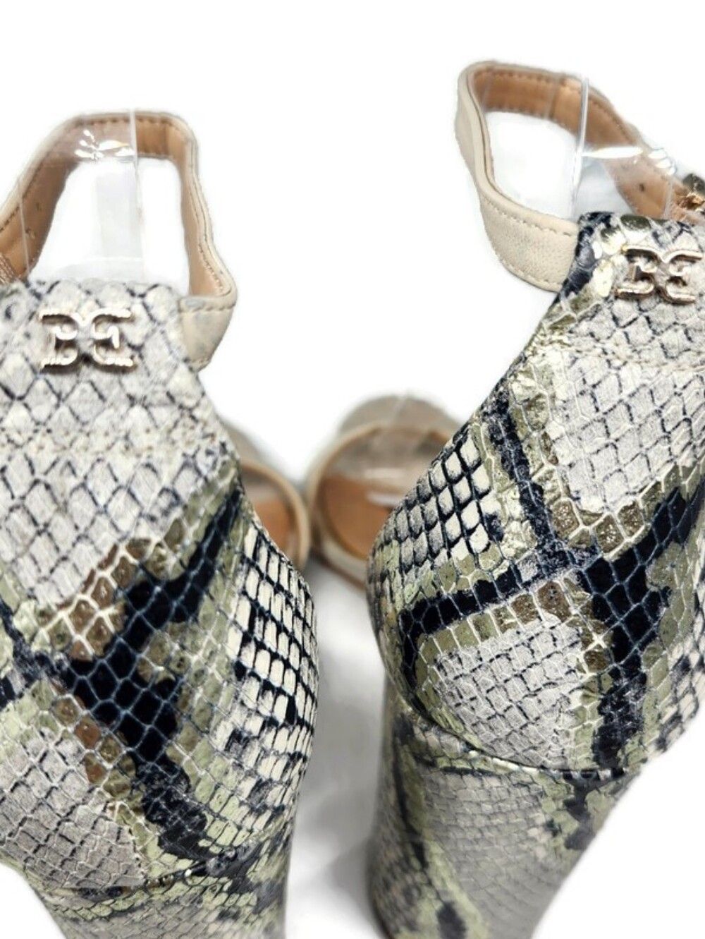Sam Edelman Yaro Linen Black Grey Gold Shimmer Leather Snake High Heel Sandals - Picture 10 of 14